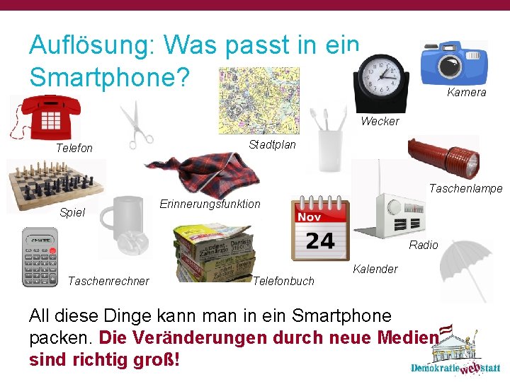 Auflösung: Was passt in ein Smartphone? Kamera Wecker Telefon Stadtplan Taschenlampe Spiel Erinnerungsfunktion Radio