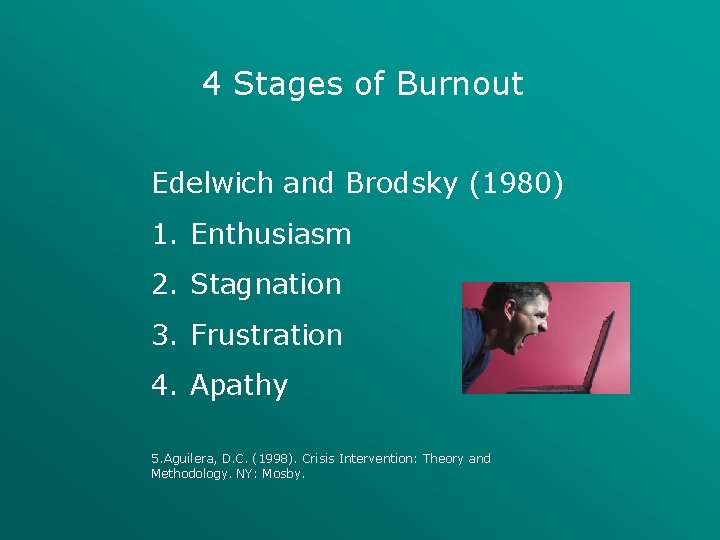 4 Stages of Burnout Edelwich and Brodsky (1980) 1. Enthusiasm 2. Stagnation 3. Frustration