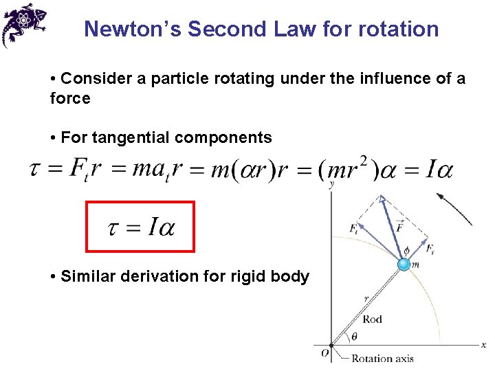 Newton’s Second Law for rotation • Consider a particle rotating under the influence of