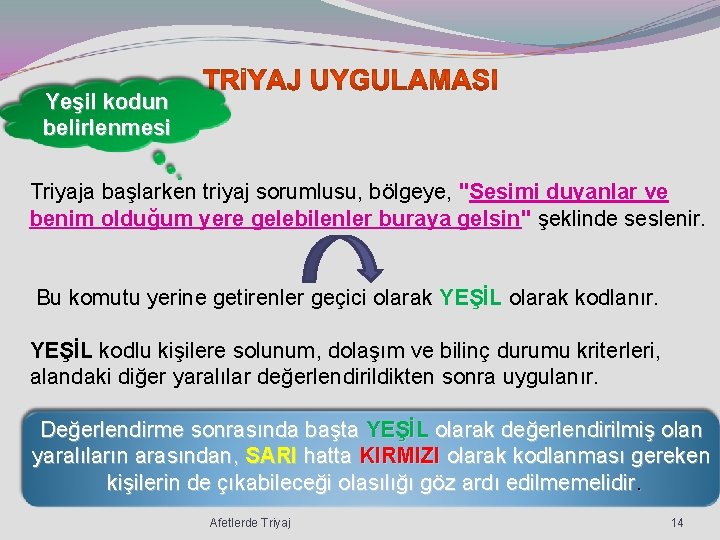 Yeşil kodun belirlenmesi Triyaja başlarken triyaj sorumlusu, bölgeye, "Sesimi duyanlar ve benim olduğum yere