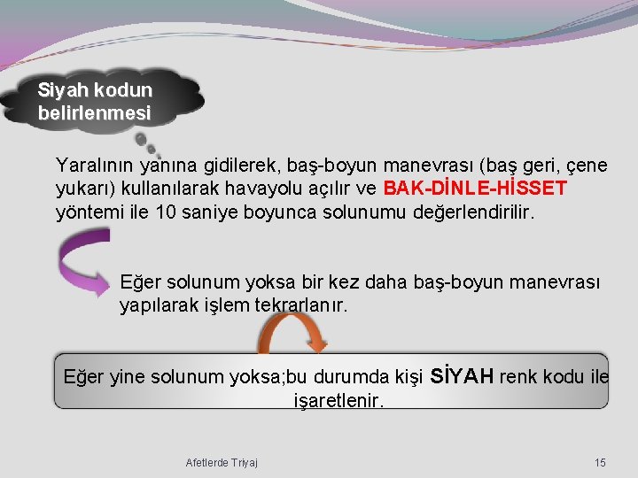 Siyah kodun belirlenmesi Yaralının yanına gidilerek, baş-boyun manevrası (baş geri, çene yukarı) kullanılarak havayolu