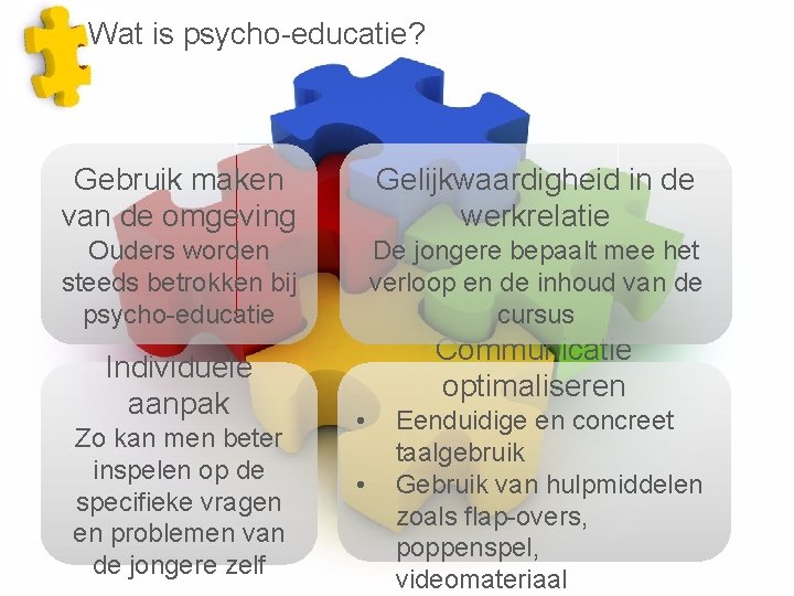 Wat is psycho-educatie? Gebruik maken van de omgeving Gelijkwaardigheid in de werkrelatie Ouders worden