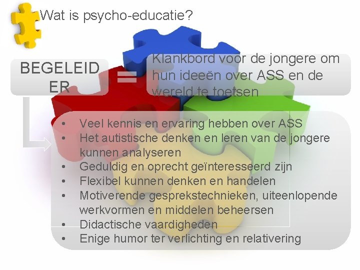 Wat is psycho-educatie? BEGELEID ER • • Klankbord voor de jongere om hun ideeën