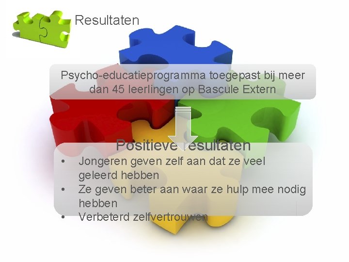 Resultaten Psycho-educatieprogramma toegepast bij meer dan 45 leerlingen op Bascule Extern Positieve resultaten •