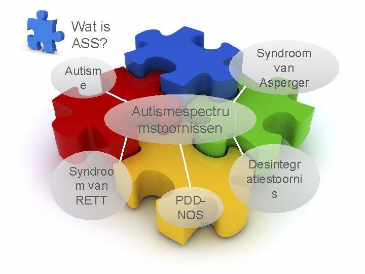 Wat is ASS? Syndroom van Asperger Autism e Autismespectru mstoornissen Syndroo m van RETT
