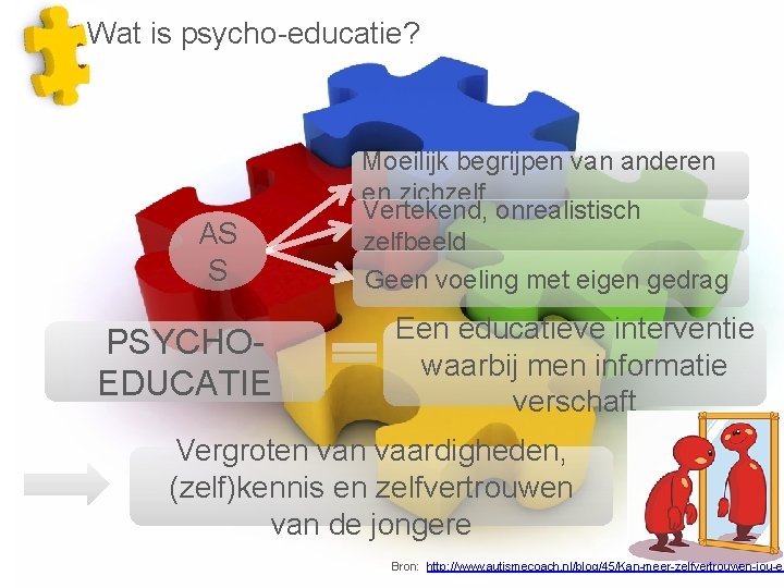 Wat is psycho-educatie? AS S PSYCHOEDUCATIE Moeilijk begrijpen van anderen en zichzelf Vertekend, onrealistisch