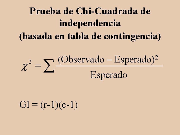 Prueba de Chi-Cuadrada de independencia (basada en tabla de contingencia) (Observado – Esperado)2 Esperado