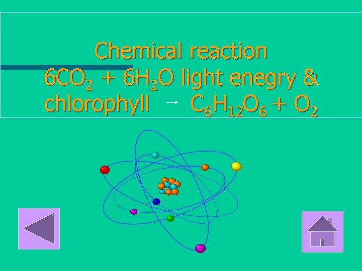 Chemical reaction 6 CO 2 + 6 H 2 O light enegry & chlorophyll