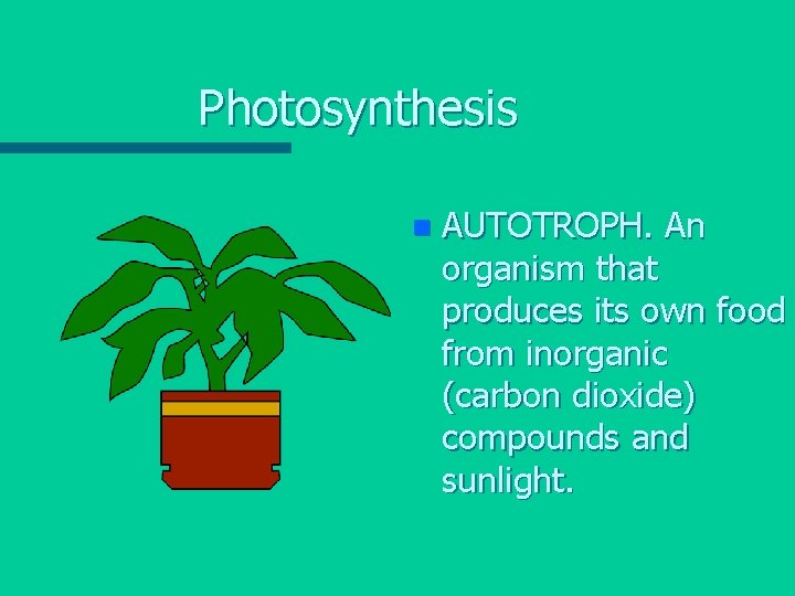 Photosynthesis n AUTOTROPH. An organism that produces its own food from inorganic (carbon dioxide)