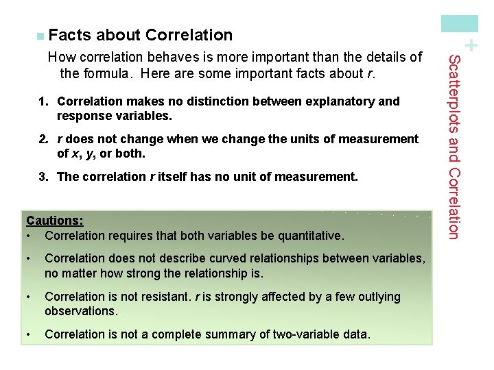 about Correlation 1. Correlation makes no distinction between explanatory and response variables. 2. r