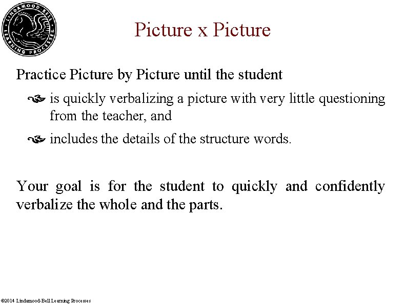 Picture x Picture Practice Picture by Picture until the student is quickly verbalizing a