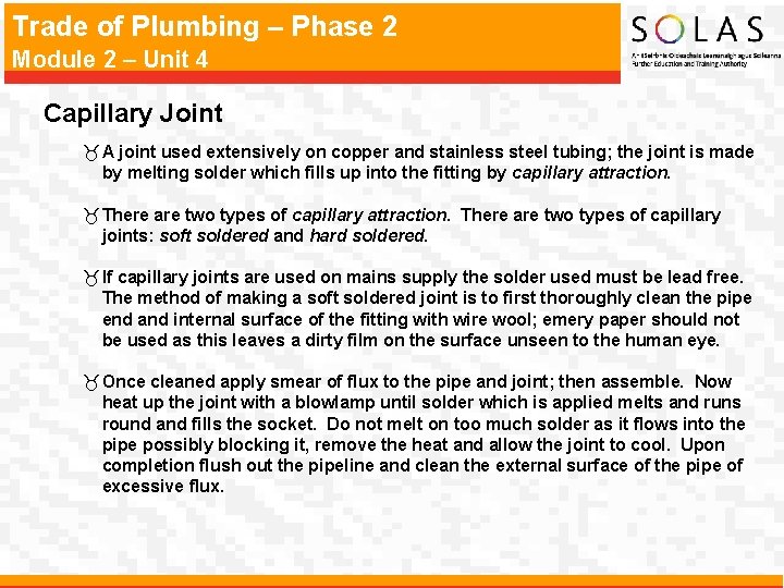 Trade of Plumbing – Phase 2 Module 2 – Unit 4 Capillary Joint _