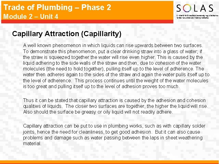 Trade of Plumbing – Phase 2 Module 2 – Unit 4 Capillary Attraction (Capillarity)