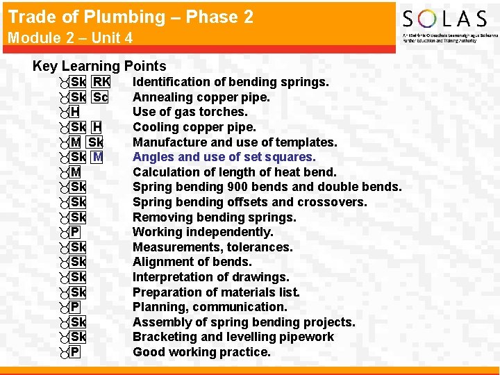 Trade of Plumbing – Phase 2 Module 2 – Unit 4 Key Learning Points