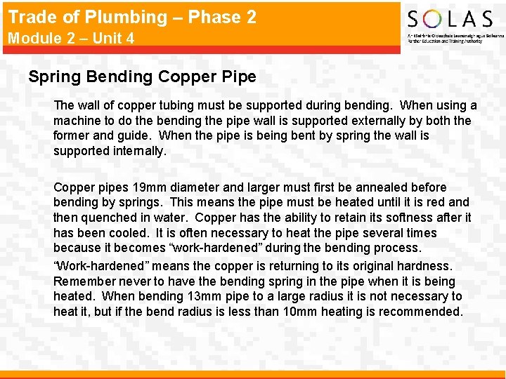 Trade of Plumbing – Phase 2 Module 2 – Unit 4 Spring Bending Copper