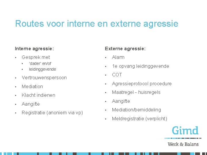 Routes voor interne en externe agressie Interne agressie: • Gesprek met • • ‘dader’