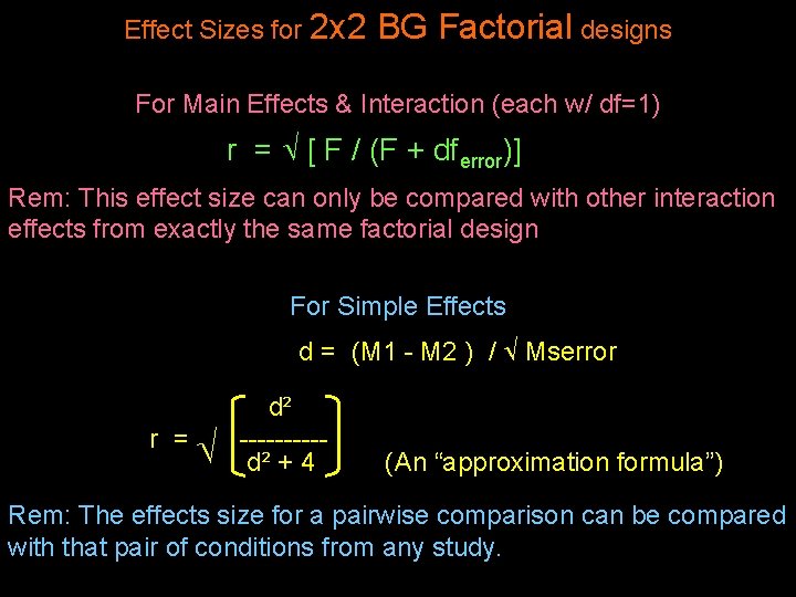 Effect Sizes for 2 x 2 BG Factorial designs For Main Effects & Interaction