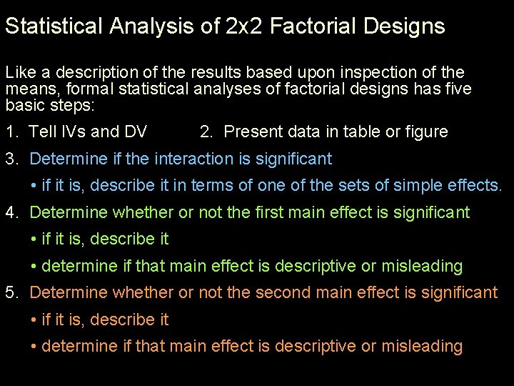 Statistical Analysis of 2 x 2 Factorial Designs Like a description of the results