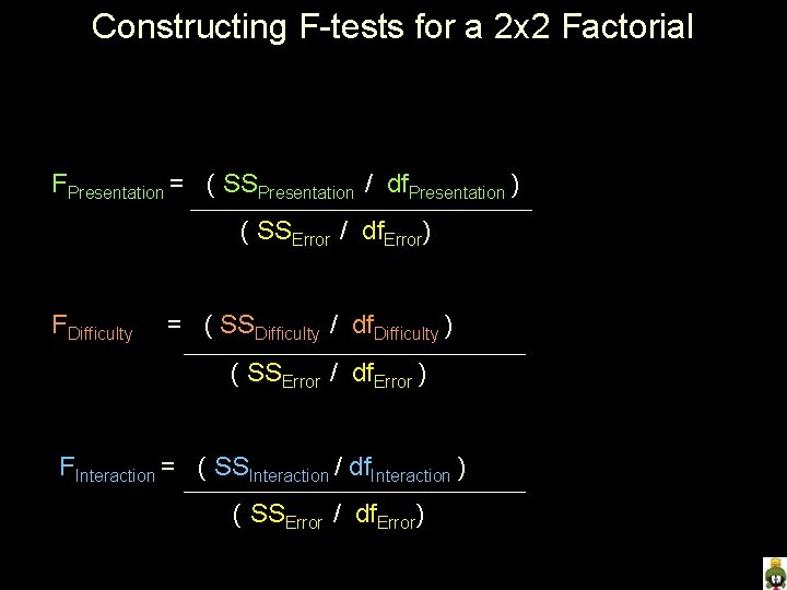 Constructing F-tests for a 2 x 2 Factorial FPresentation = ( SSPresentation / df.