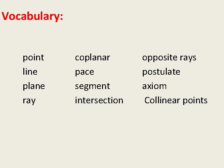 Vocabulary: point line plane ray coplanar pace segment intersection opposite rays postulate axiom Collinear
