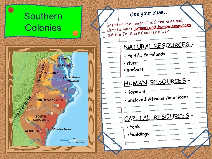 Southern Colonies Use your atlas… ical features and ph ra og ge e th