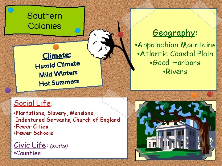 Southern Colonies Climate: Humid Climate Mild Winters Hot Summers Social Life: • Plantations, Slavery,