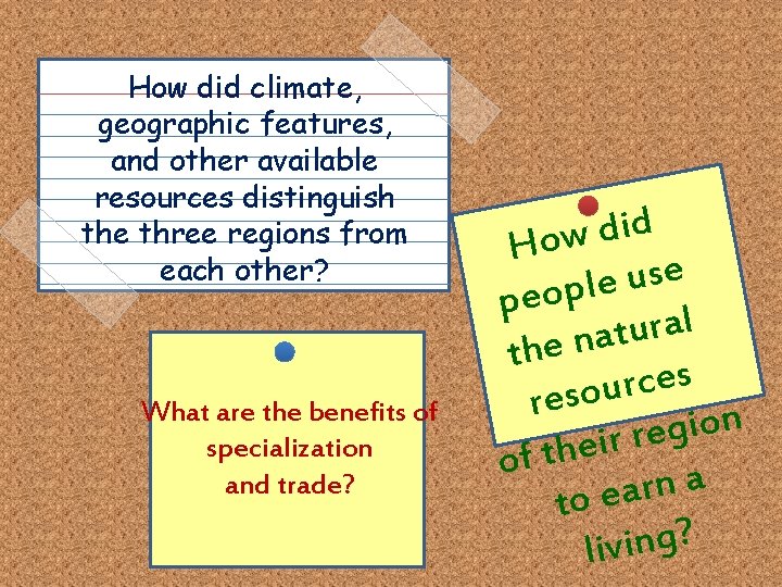 How did climate, geographic features, and other available resources distinguish the three regions from