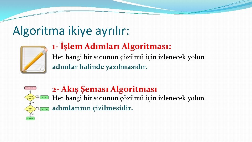 Algoritma ikiye ayrılır: 1 - İşlem Adımları Algoritması: Her hangi bir sorunun çözümü için