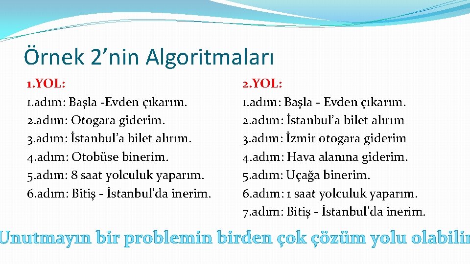 Örnek 2’nin Algoritmaları 1. YOL: 1. adım: Başla -Evden çıkarım. 2. adım: Otogara giderim.