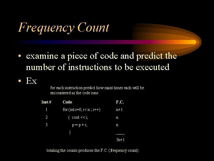 Frequency Count • examine a piece of code and predict the number of instructions