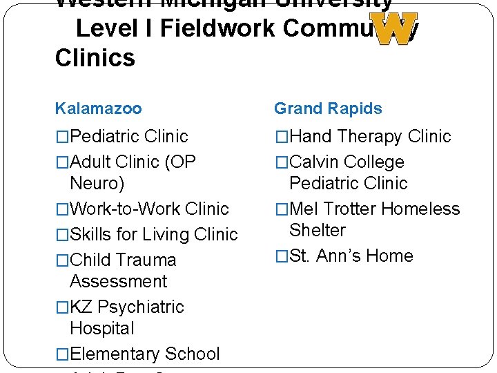 Western Michigan University Level I Fieldwork Community Clinics Kalamazoo Grand Rapids �Pediatric Clinic �Hand