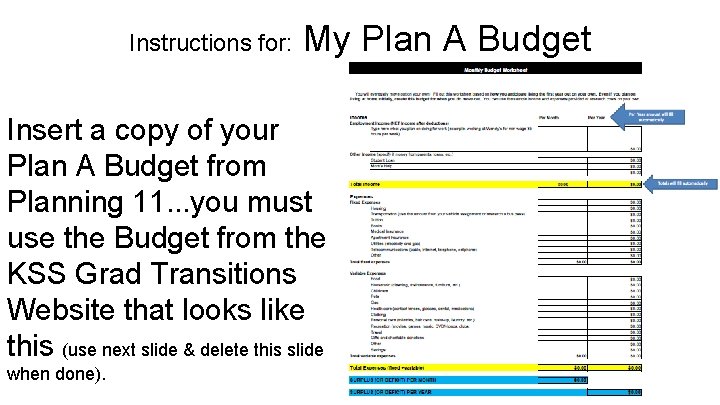 Instructions for: My Plan A Budget Insert a copy of your Plan A Budget