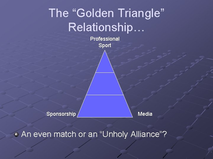 The “Golden Triangle” Relationship… Professional Sport Sponsorship Media An even match or an “Unholy