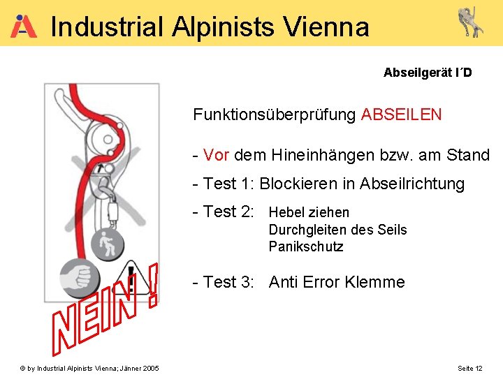 Industrial Alpinists Vienna Abseilgerät I´D Funktionsüberprüfung ABSEILEN - Vor dem Hineinhängen bzw. am Stand