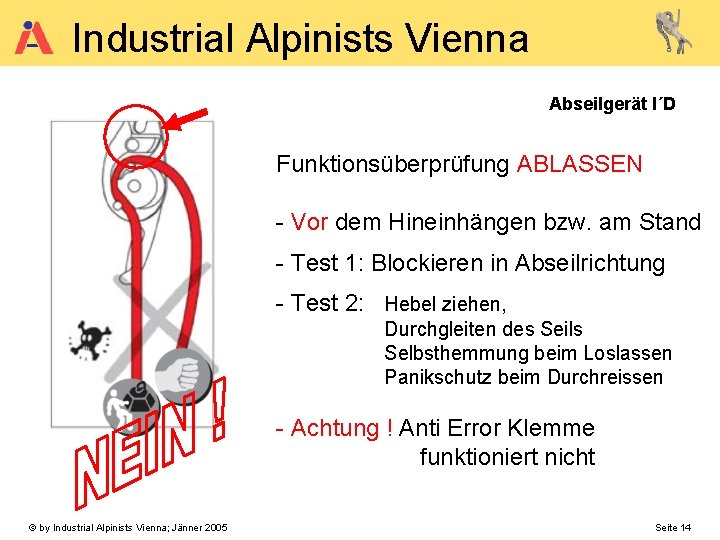 Industrial Alpinists Vienna Abseilgerät I´D Funktionsüberprüfung ABLASSEN - Vor dem Hineinhängen bzw. am Stand