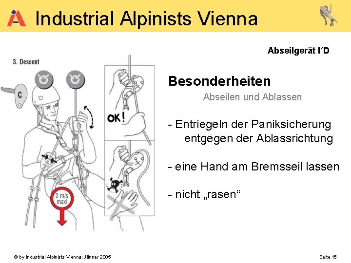 Industrial Alpinists Vienna Abseilgerät I´D Besonderheiten Abseilen und Ablassen - Entriegeln der Paniksicherung entgegen