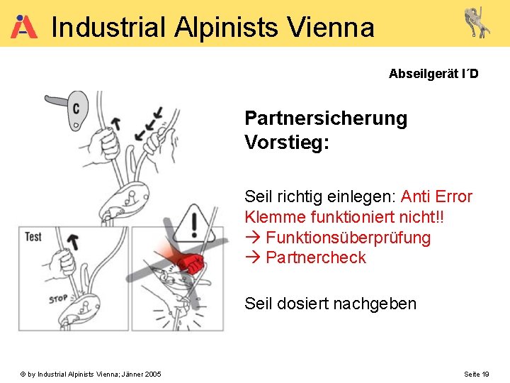 Industrial Alpinists Vienna Abseilgerät I´D Partnersicherung Vorstieg: Seil richtig einlegen: Anti Error Klemme funktioniert