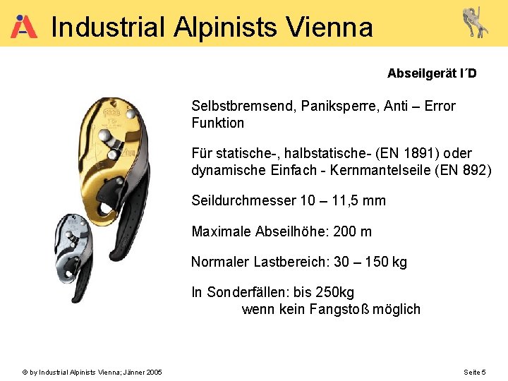 Industrial Alpinists Vienna Abseilgerät I´D Selbstbremsend, Paniksperre, Anti – Error Funktion Für statische-, halbstatische-