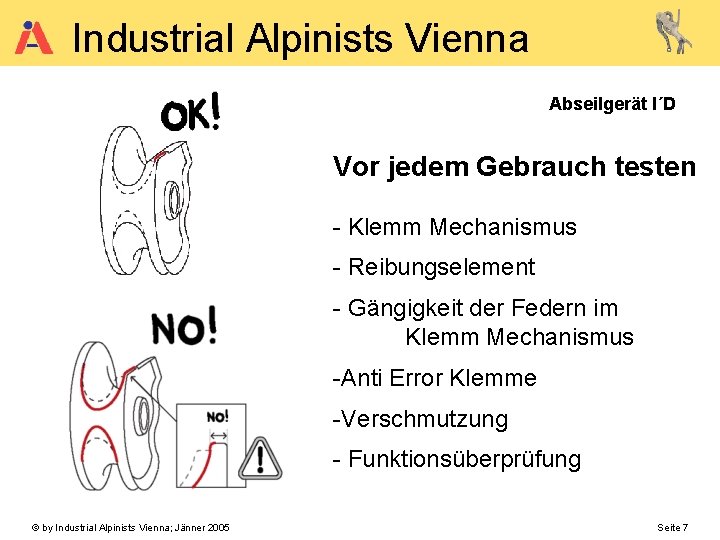 Industrial Alpinists Vienna Abseilgerät I´D Vor jedem Gebrauch testen - Klemm Mechanismus - Reibungselement