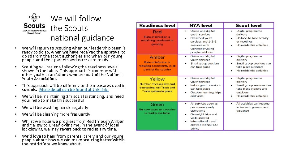 We will follow the Scouts national guidance • We will return to scouting when