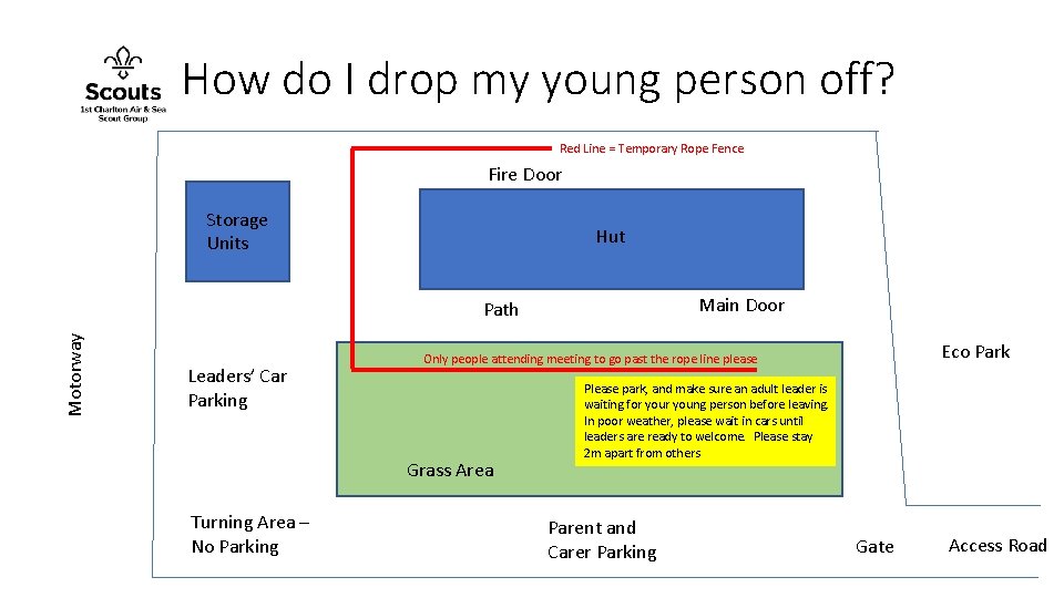 How do I drop my young person off? Red Line = Temporary Rope Fence