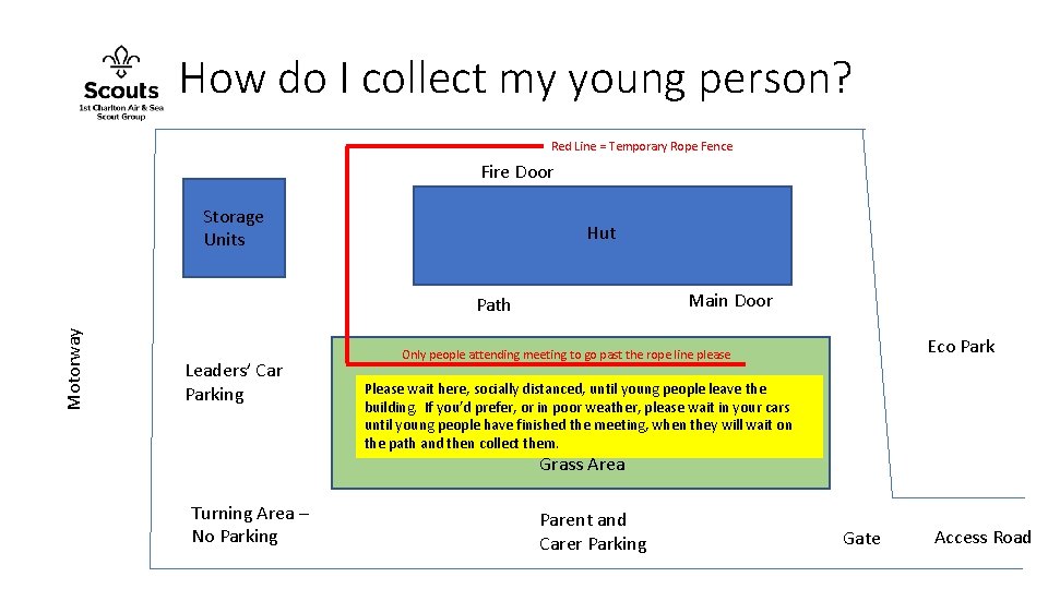 How do I collect my young person? Red Line = Temporary Rope Fence Fire