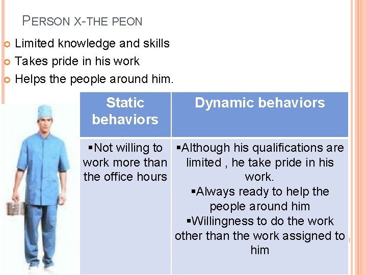 PERSON X-THE PEON Limited knowledge and skills Takes pride in his work Helps the