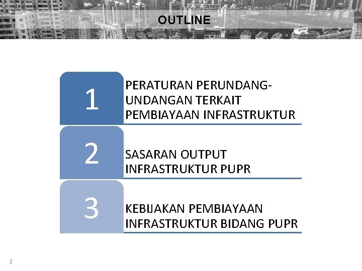 OUTLINE 2 1 PERATURAN PERUNDANGAN TERKAIT PEMBIAYAAN INFRASTRUKTUR 2 SASARAN OUTPUT INFRASTRUKTUR PUPR 3