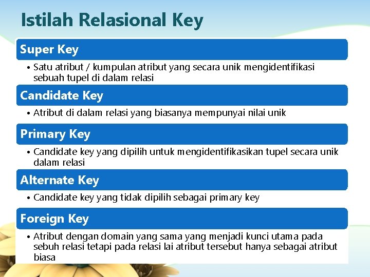 Istilah Relasional Key Super Key • Satu atribut / kumpulan atribut yang secara unik