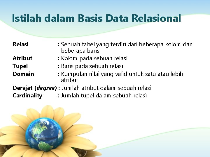 Istilah dalam Basis Data Relasional : Sebuah tabel yang terdiri dari beberapa kolom dan