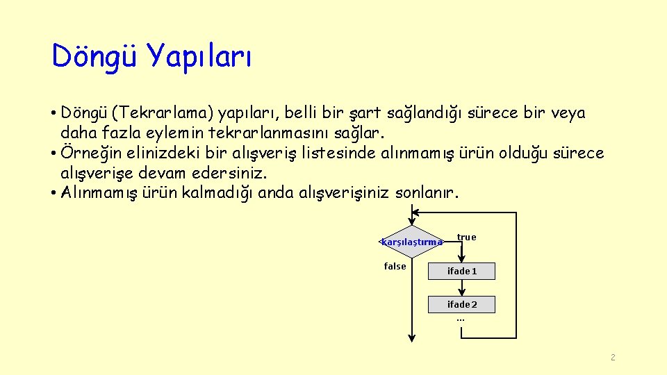 Döngü Yapıları • Döngü (Tekrarlama) yapıları, belli bir şart sağlandığı sürece bir veya daha