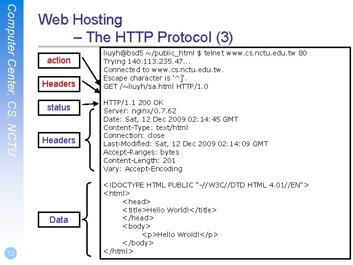 Computer Center, CS, NCTU Web Hosting – The HTTP Protocol (3) action Headers status