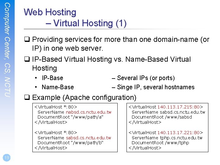 Computer Center, CS, NCTU 19 Web Hosting – Virtual Hosting (1) q Providing services