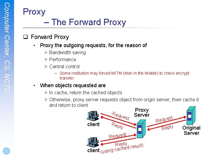 Computer Center, CS, NCTU Proxy – The Forward Proxy q Forward Proxy • Proxy